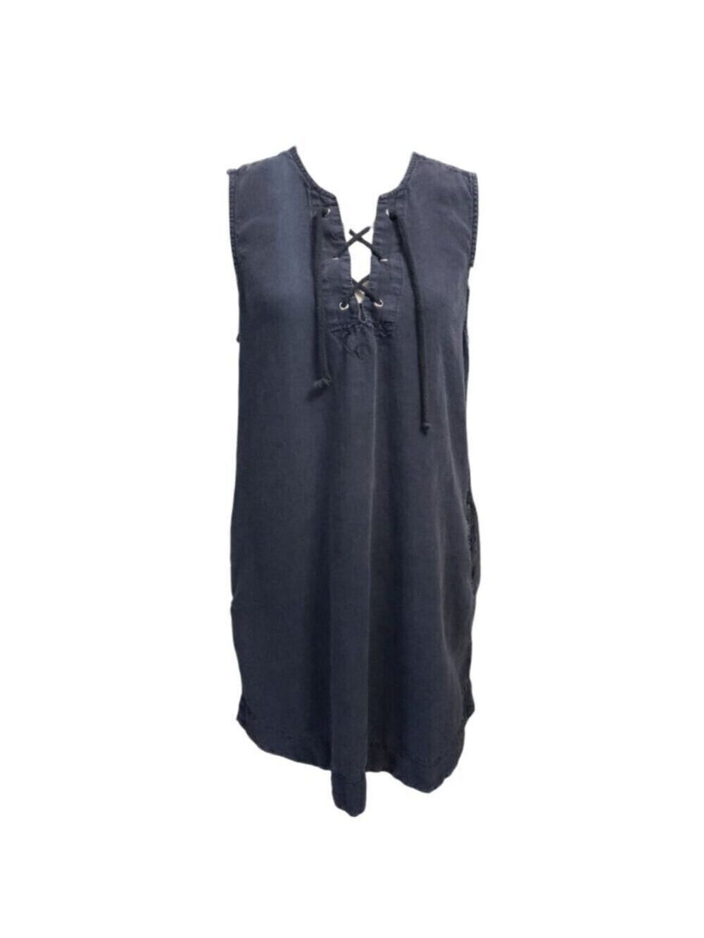 Bella Dahl Women's Dark Wash Denim Tie Up Neck Dress Medium - Picture 1 of 5